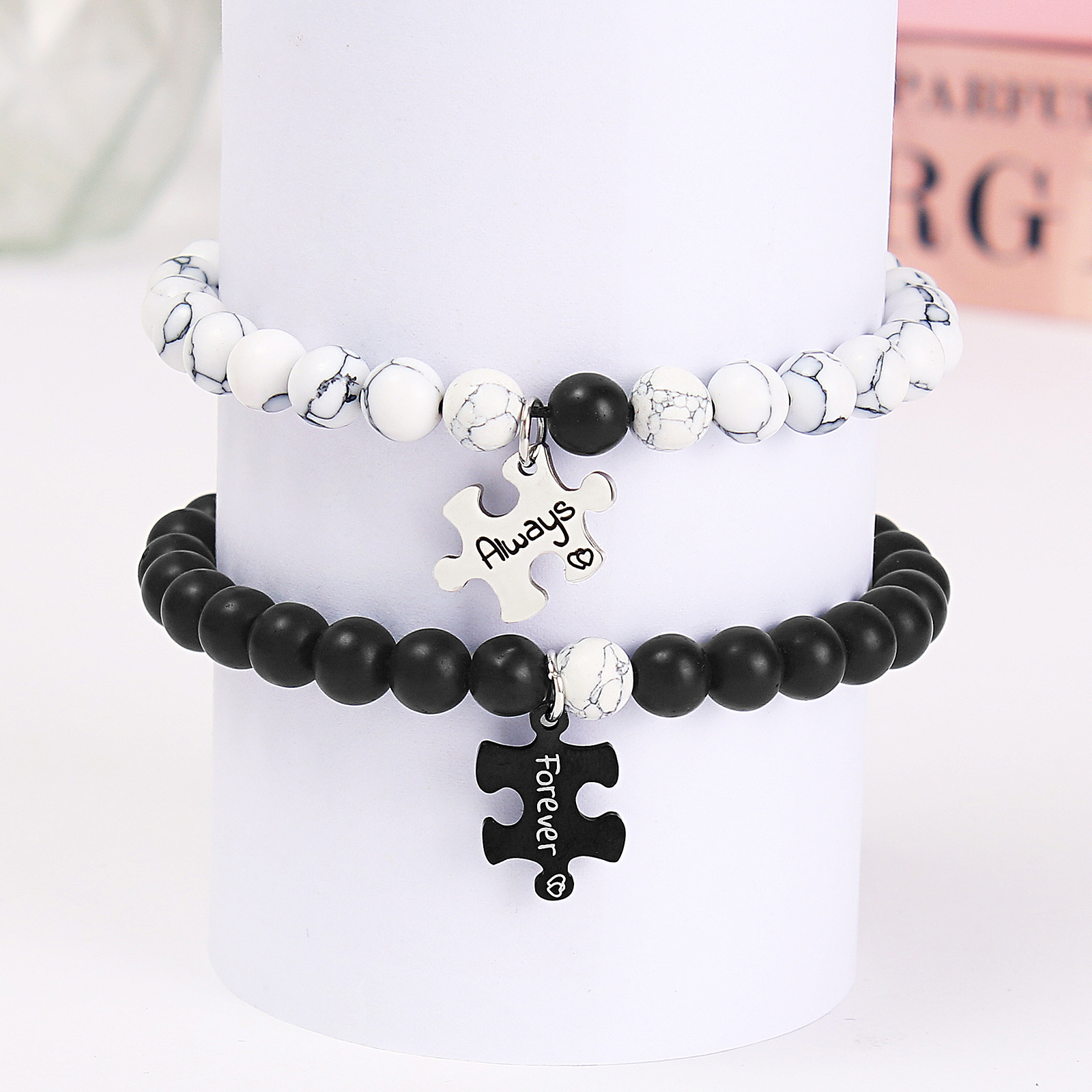 Casual Letter Jigsaw Stainless Steel Natural Stone Beaded Handmade Couple Bracelets display picture 10