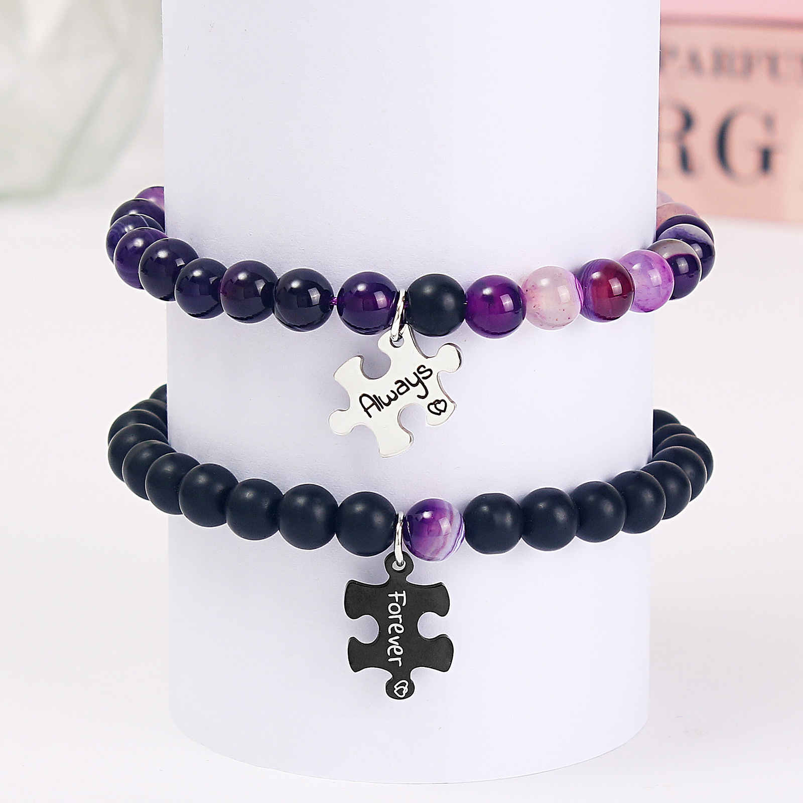 Casual Letter Jigsaw Stainless Steel Natural Stone Beaded Handmade Couple Bracelets display picture 11