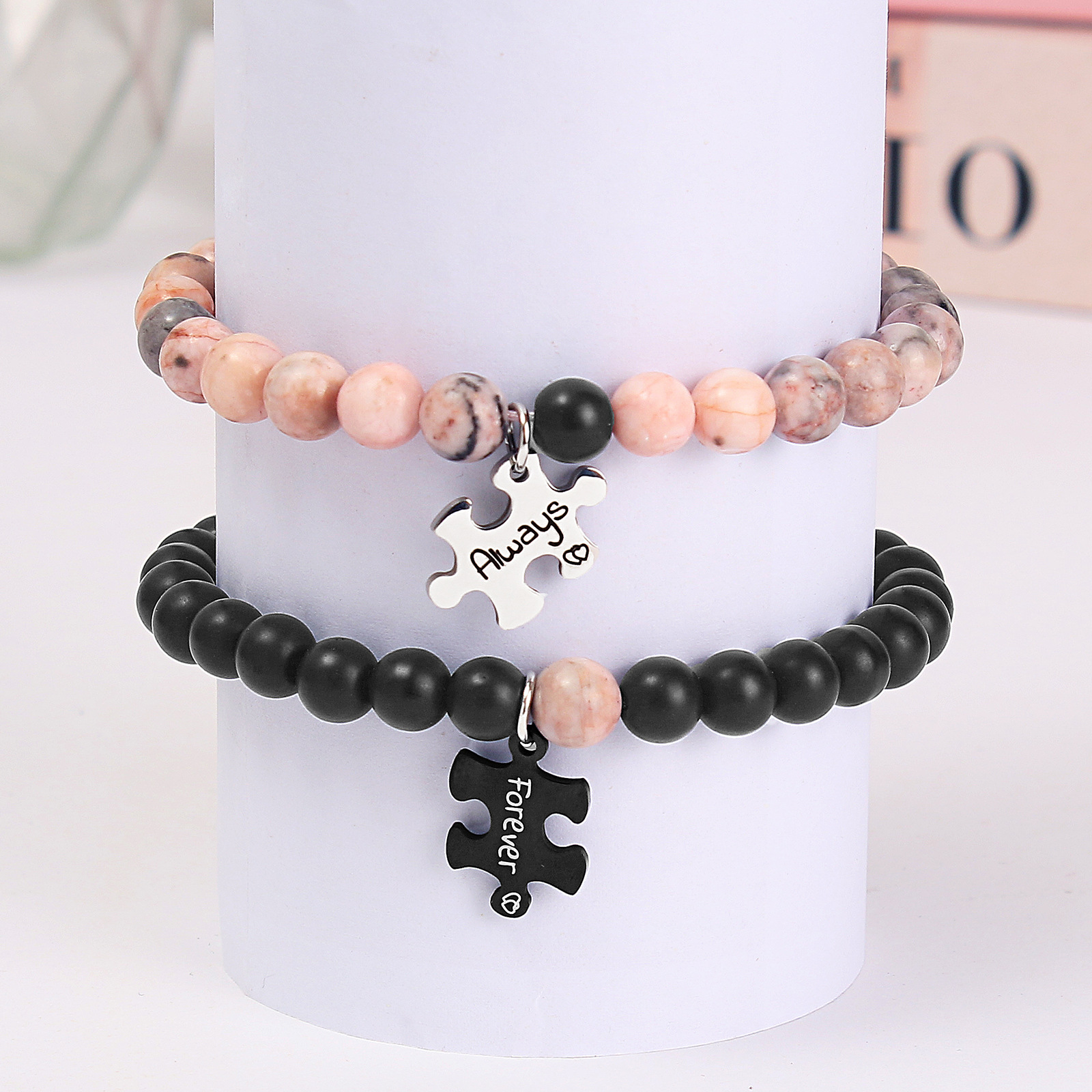 Casual Letter Jigsaw Stainless Steel Natural Stone Beaded Handmade Couple Bracelets display picture 13