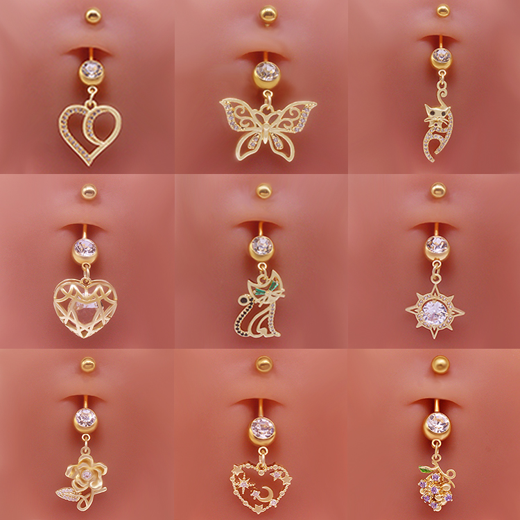 Estilo Simple Forma De Corazón Gato Mariposa Acero Inoxidable Lentejuela Cobre Blanco Oro Plateado Chapado En Oro Diamantes De Imitación Circón Piercing En El Ombligo Al Mayoreo display picture 14