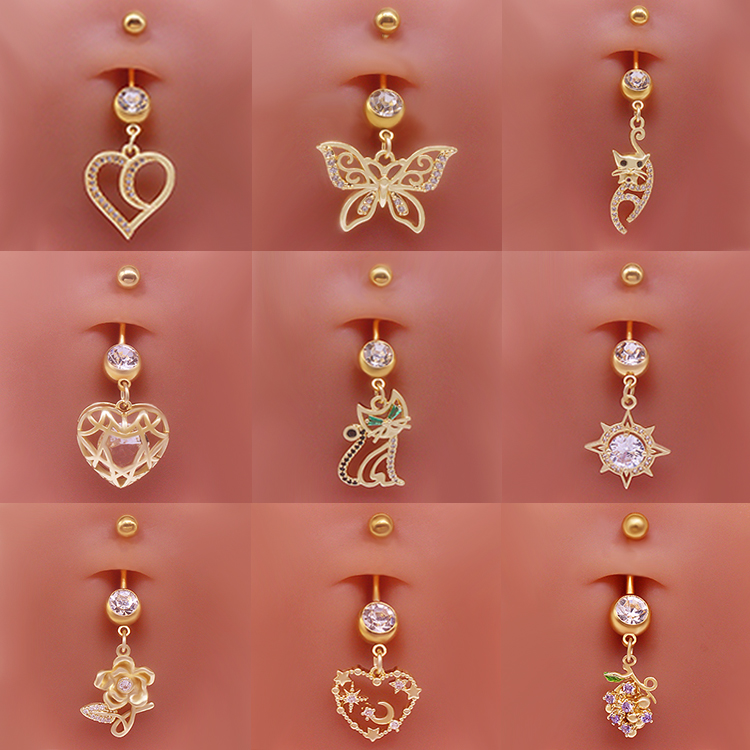Simple Style Heart Shape Cat Butterfly Stainless Steel Sequin Copper White Gold Plated Gold Plated Rhinestones Zircon Belly Ring In Bulk display picture 14