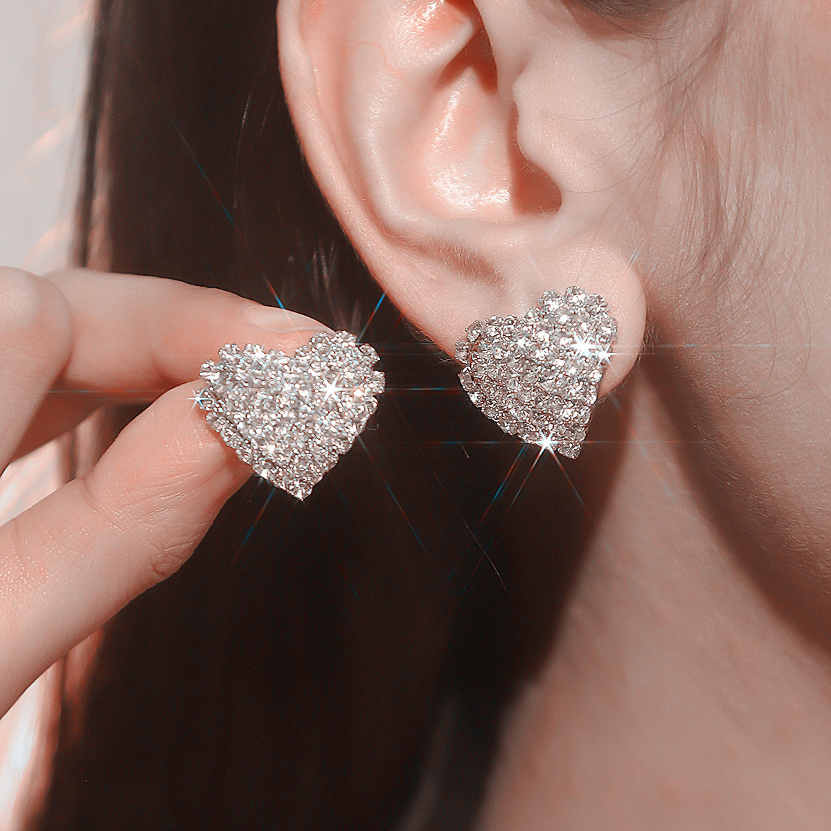 1 Pair Ig Style Shiny Heart Shape Plating Inlay Rhinestone Rhinestones Silver Plated Ear Studs display picture 5