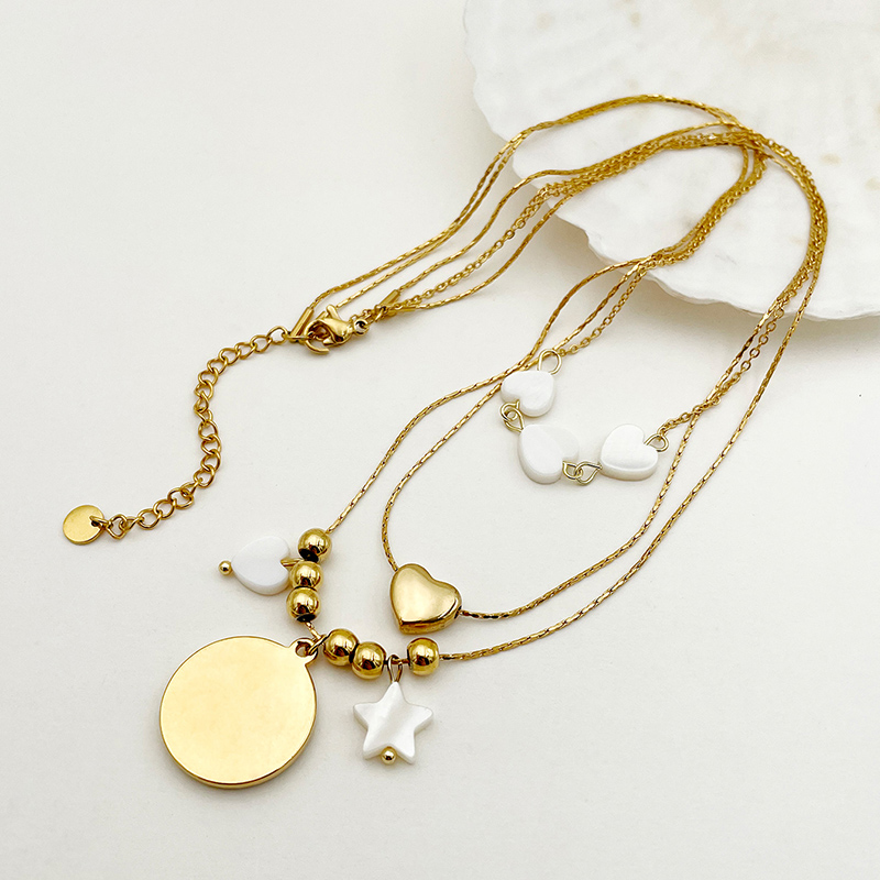 304 Stainless Steel Gold Plated IG Style Simple Style Enamel Plating Sun Moon Heart Shape Shell Three Layer Necklace display picture 3