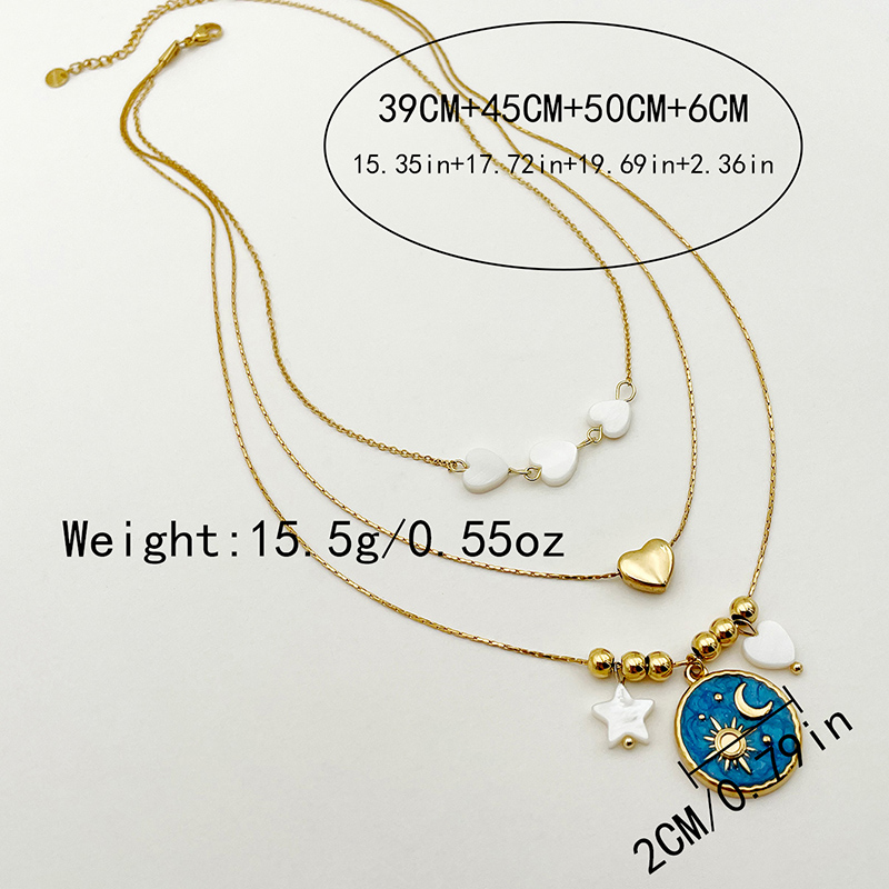 304 Stainless Steel Gold Plated IG Style Simple Style Enamel Plating Sun Moon Heart Shape Shell Three Layer Necklace display picture 4