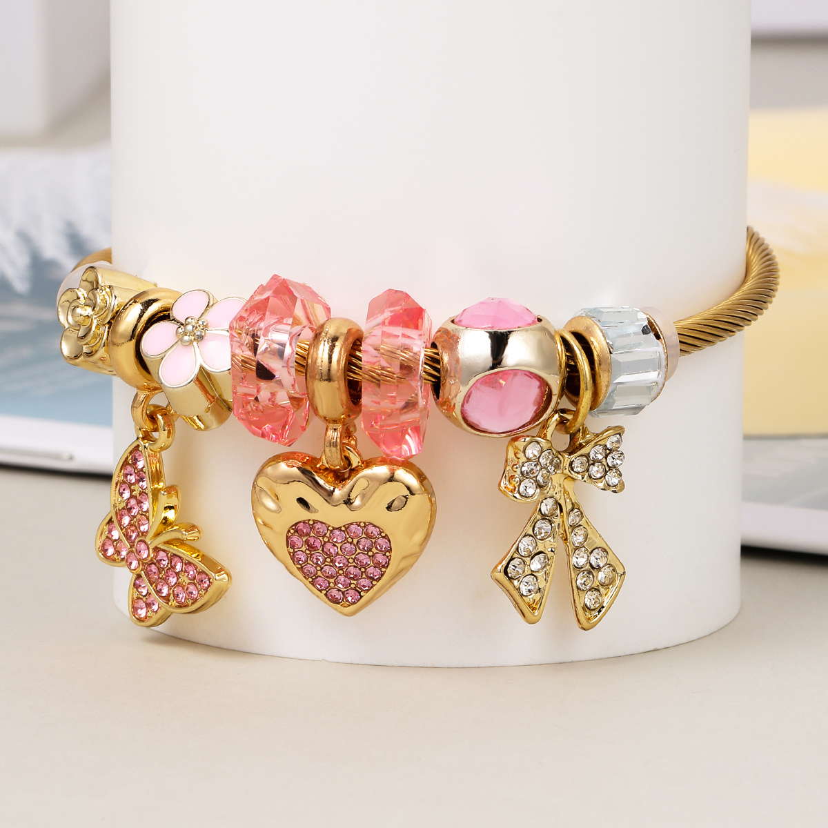 Glam Cute Sweet Fruit Heart Shape Butterfly 201 Stainless Steel 18K Gold Plated Zircon Bangle In Bulk display picture 3
