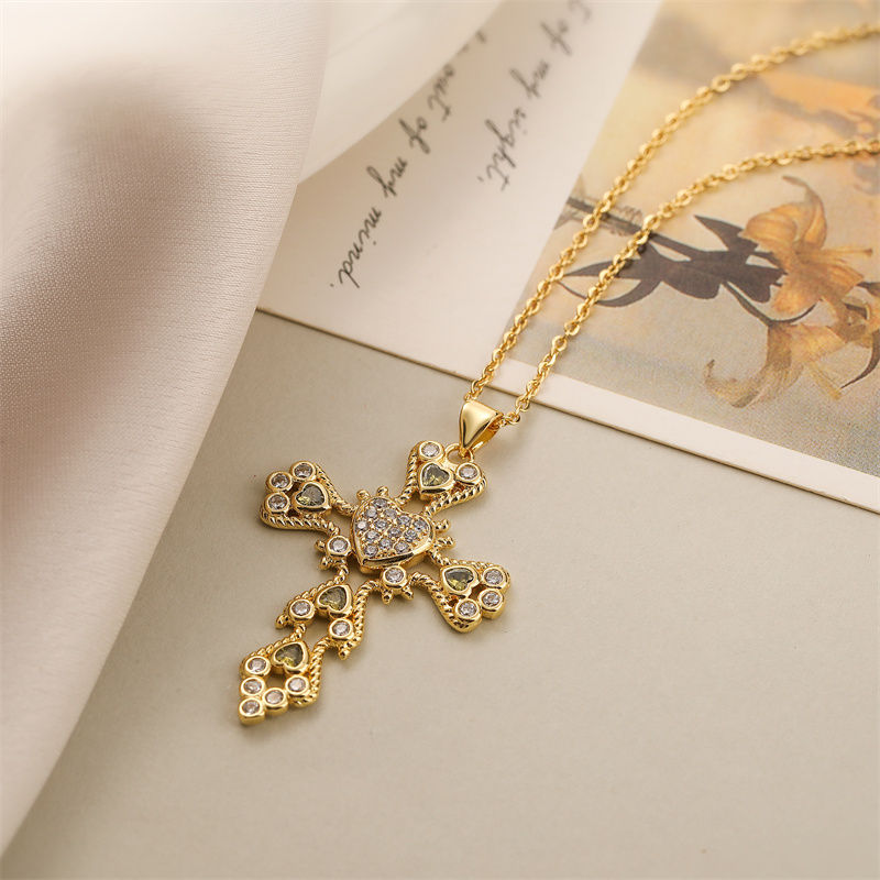 Copper Simple Style Plating Inlay Cross Zircon Pendant Necklace display picture 3