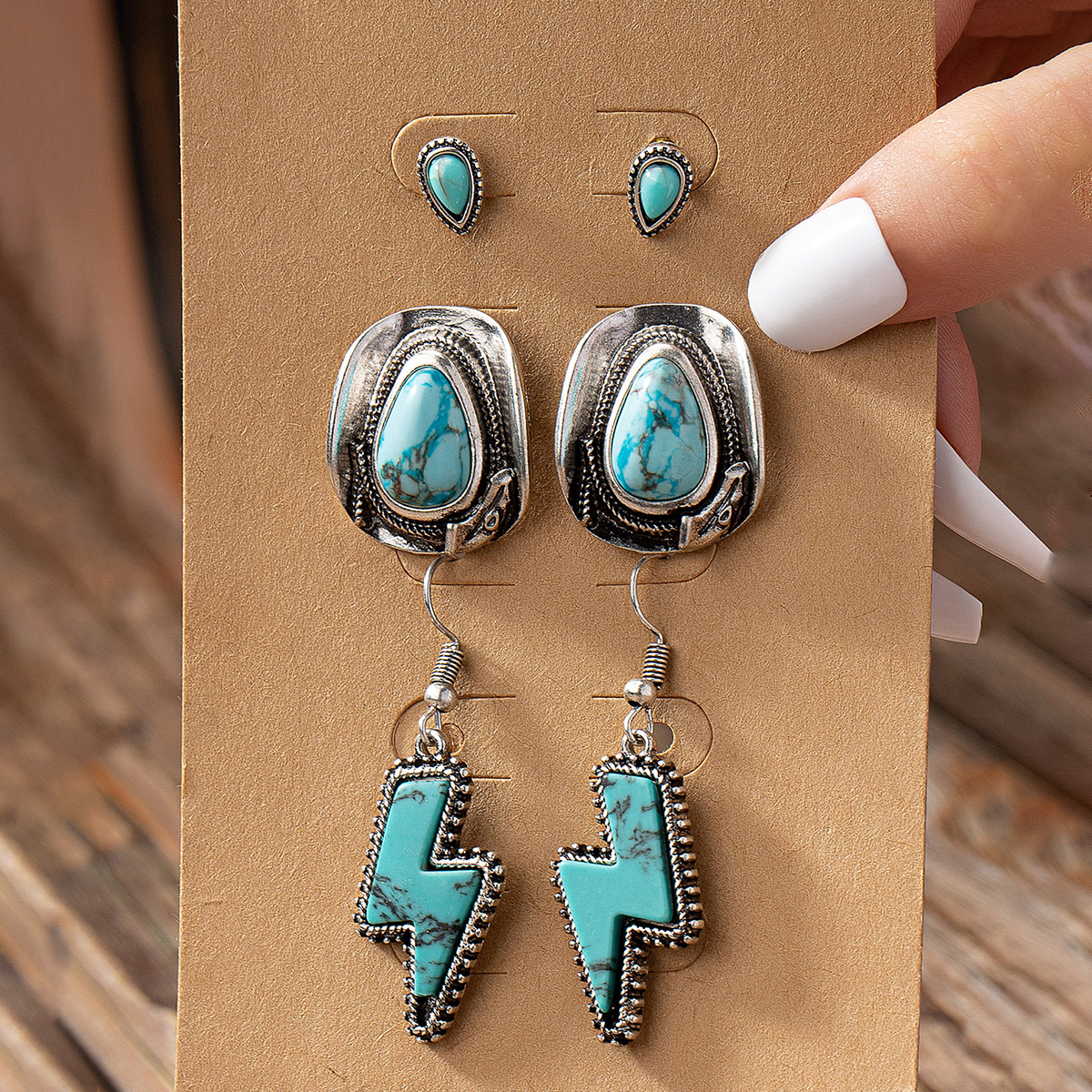 1 Set Retro Ethnic Style Lightning Inlay Alloy Turquoise Turquoise Drop Earrings display picture 1