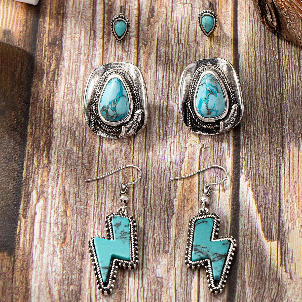 1 Set Retro Ethnic Style Lightning Inlay Alloy Turquoise Turquoise Drop Earrings display picture 2