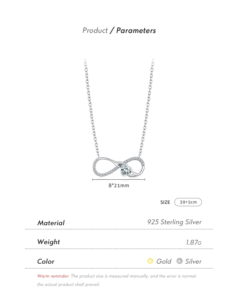 Ig Style Romantic Sweet Infinity Sterling Silver 14k Gold Plated Rhodium Plated Zircon Necklace In Bulk display picture 4