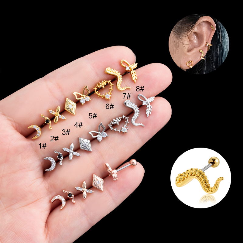 1 Piece Ear Cartilage Rings & Studs Vintage Style French Style Simple Style Moon Heart Shape Butterfly 316 Stainless Steel  Copper Plating Inlay Zircon display picture 25
