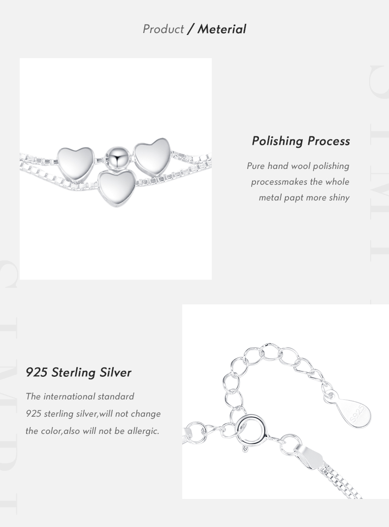 Ig Style Sweet Simple Style Heart Shape Sterling Silver Rhodium Plated Bracelets In Bulk display picture 3