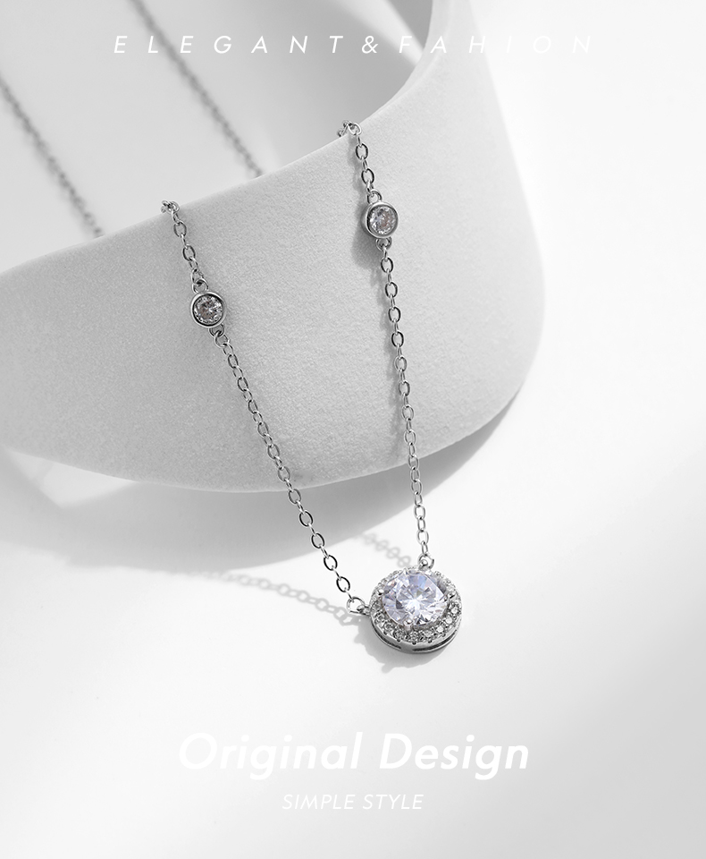 Ig Style Shiny Round Sterling Silver Rhodium Plated Zircon Necklace In Bulk display picture 1