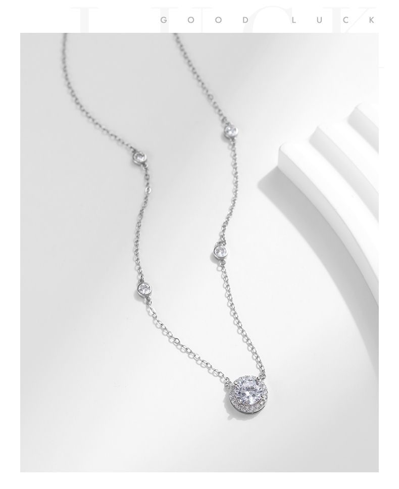 Ig Style Shiny Round Sterling Silver Rhodium Plated Zircon Necklace In Bulk display picture 7