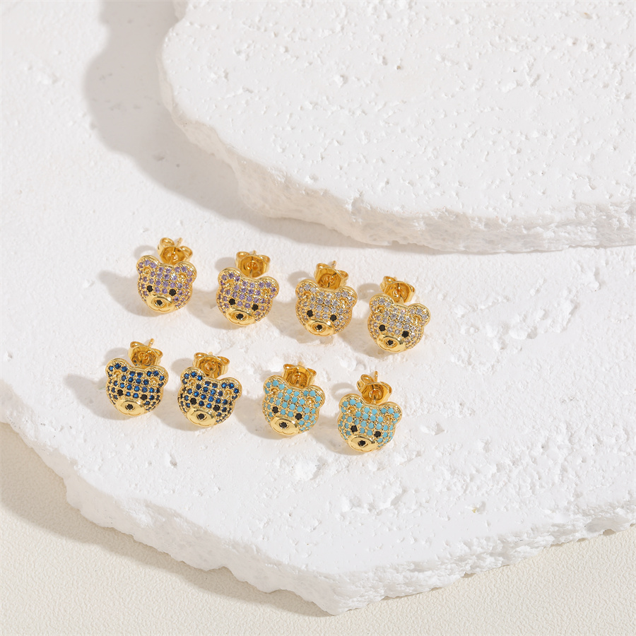 1 Pair Cute Simple Style Bear Plating Inlay Copper Zircon 14k Gold Plated Ear Studs display picture 11