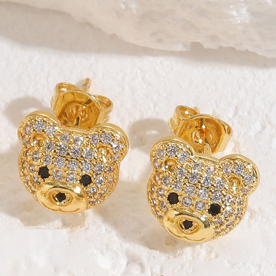1 Pair Cute Simple Style Bear Plating Inlay Copper Zircon 14k Gold Plated Ear Studs display picture 2