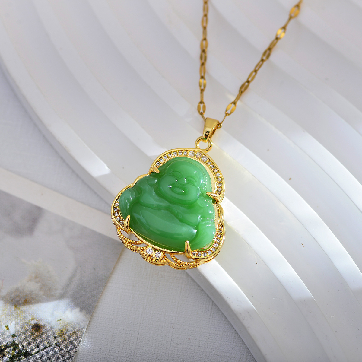 Simple Style Buddha Titanium Steel Copper Plating Inlay Opal Pendant Necklace display picture 6