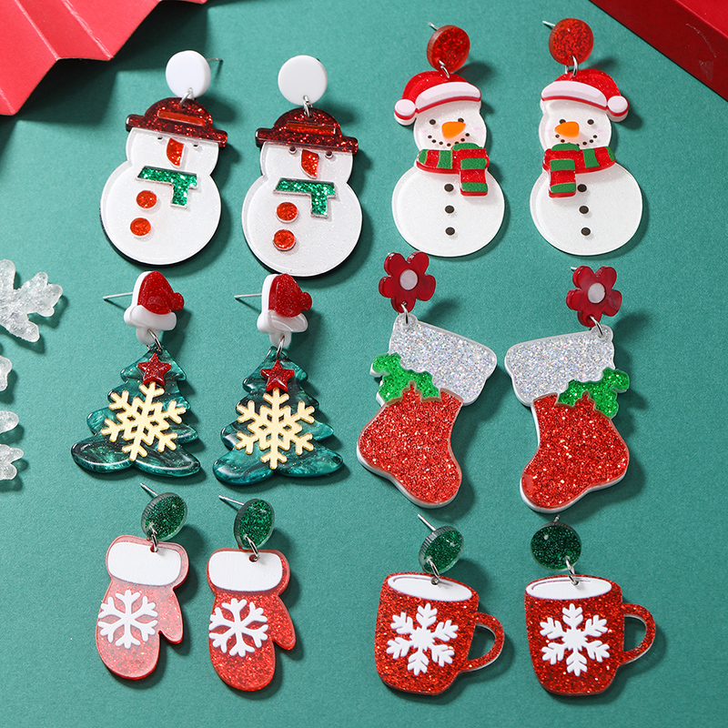 1 Pair Cute Christmas Tree Christmas Socks Snowflake Painted Arylic Drop Earrings display picture 2