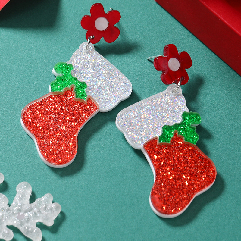 1 Pair Cute Christmas Tree Christmas Socks Snowflake Painted Arylic Drop Earrings display picture 11