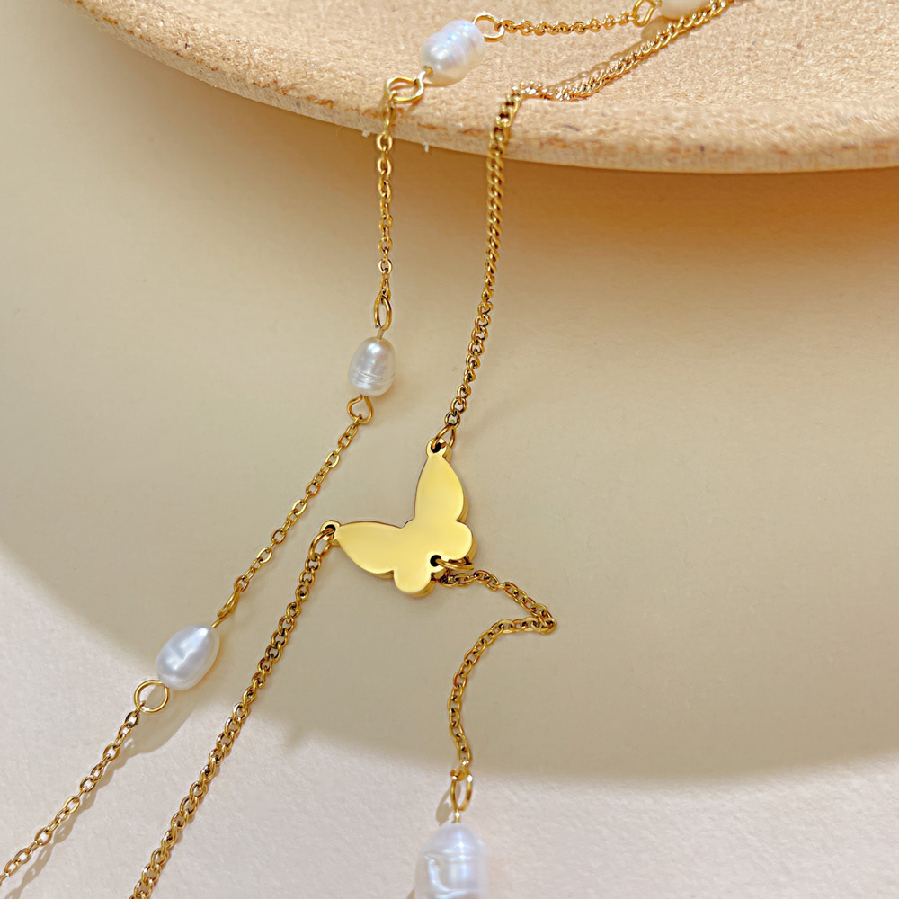 304 Stainless Steel Freshwater Pearl IG Style French Style Inlay Butterfly Freshwater Pearl Shell Double Layer Necklaces display picture 2