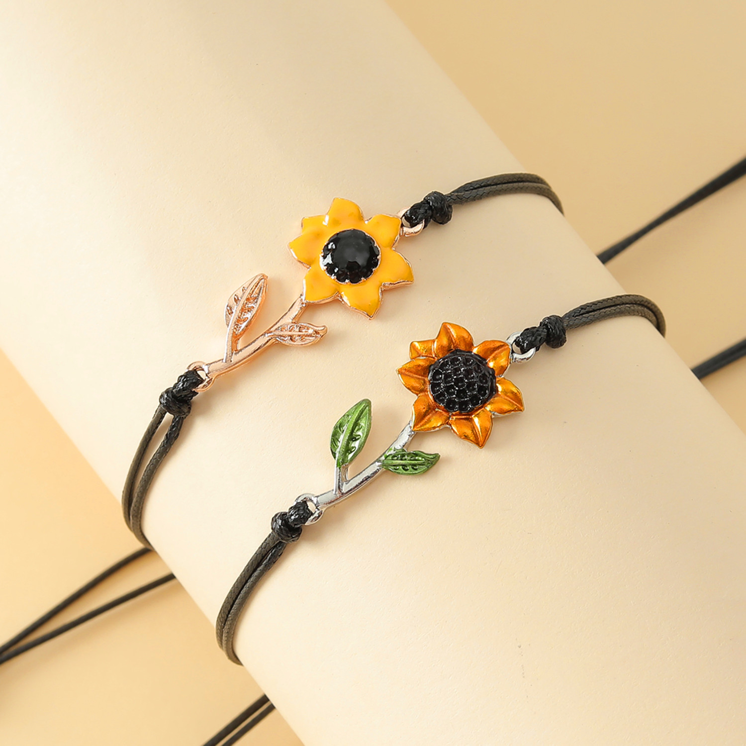 Vacation Romantic Pastoral Sunflower Plant Alloy Polyester Rope Polishing Plating Braid Gold Plated Rhodium Plated Couple Bracelets display picture 5