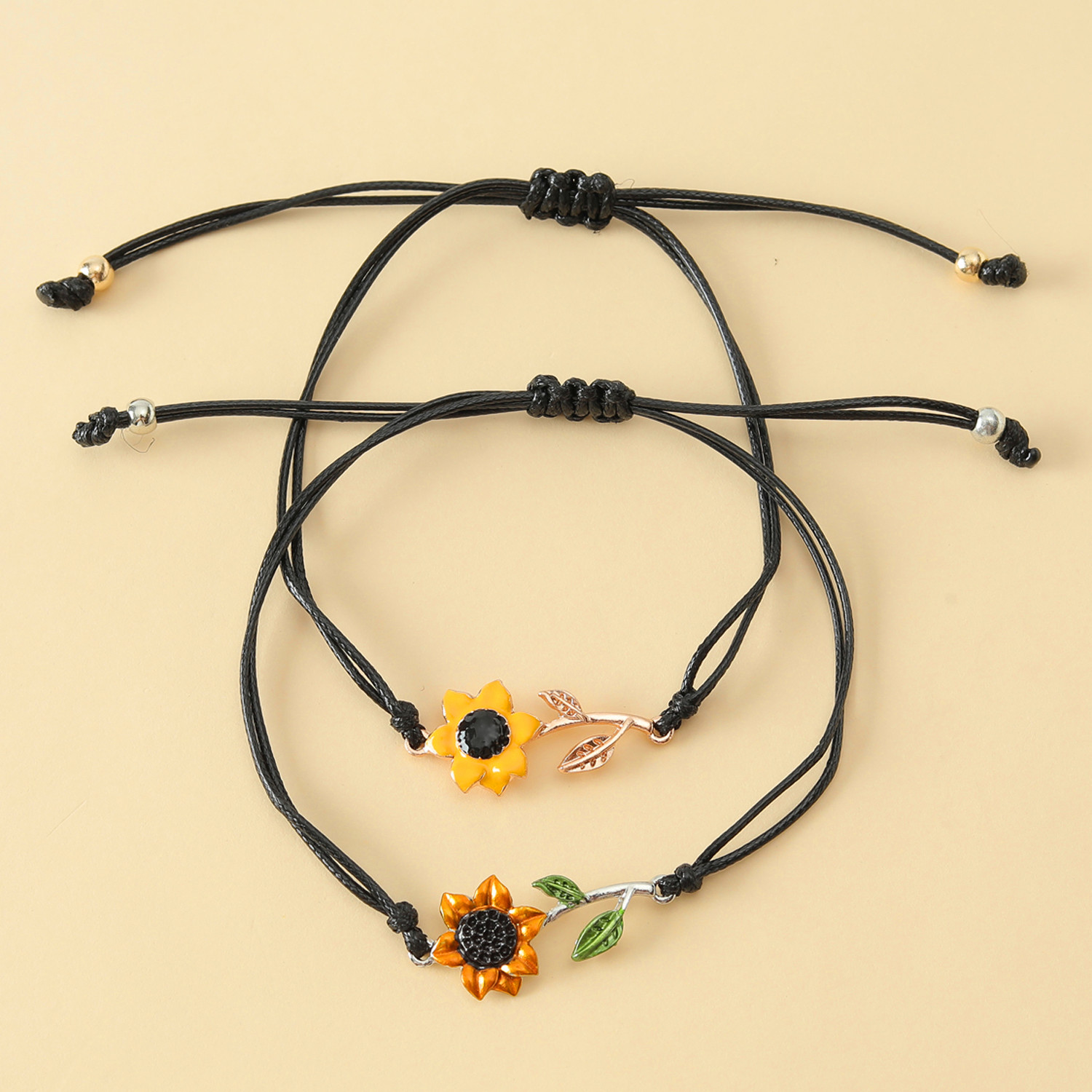 Vacation Romantic Pastoral Sunflower Plant Alloy Polyester Rope Polishing Plating Braid Gold Plated Rhodium Plated Couple Bracelets display picture 3