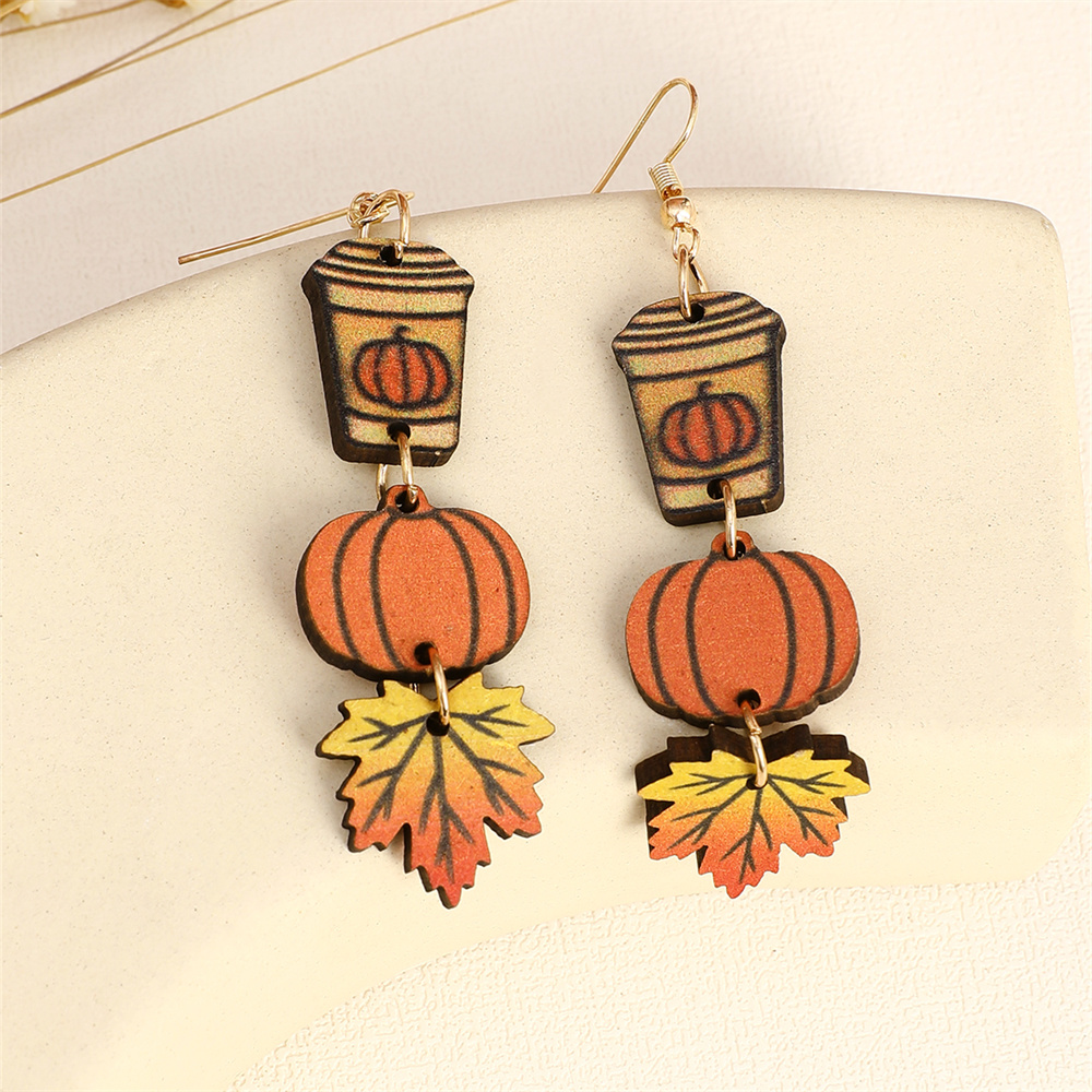 1 Pair Cartoon Style Cute Pumpkin Wood Drop Earrings display picture 4