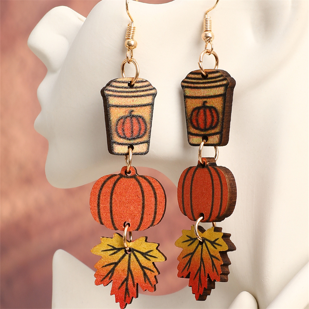 1 Pair Cartoon Style Cute Pumpkin Wood Drop Earrings display picture 6
