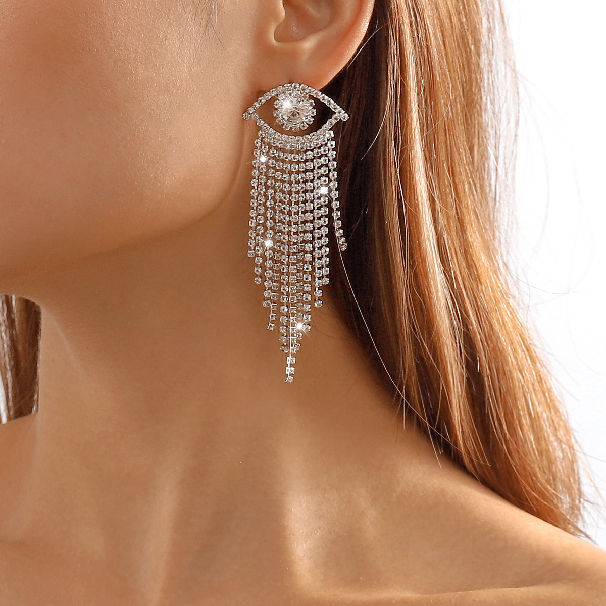 1 Pair Glam Simple Style Shiny Eye Inlay Alloy Rhinestones Drop Earrings display picture 2