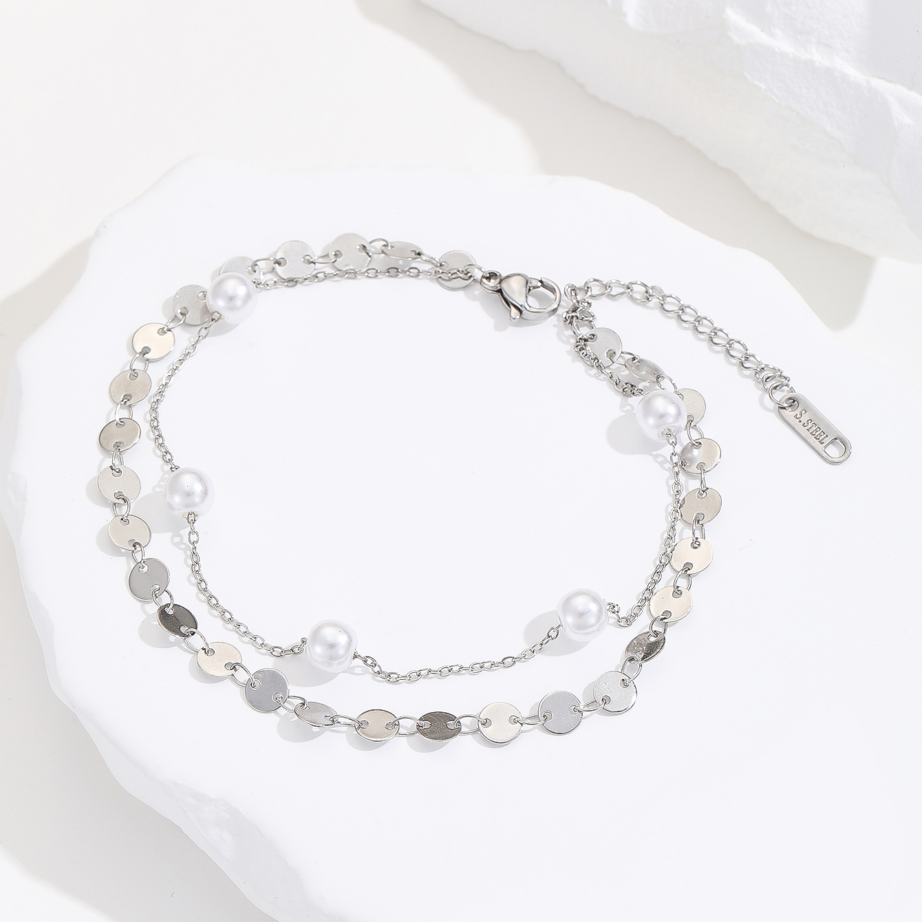 Simple Style Round Stainless Steel Imitation Pearl Layered Women's Anklet display picture 4