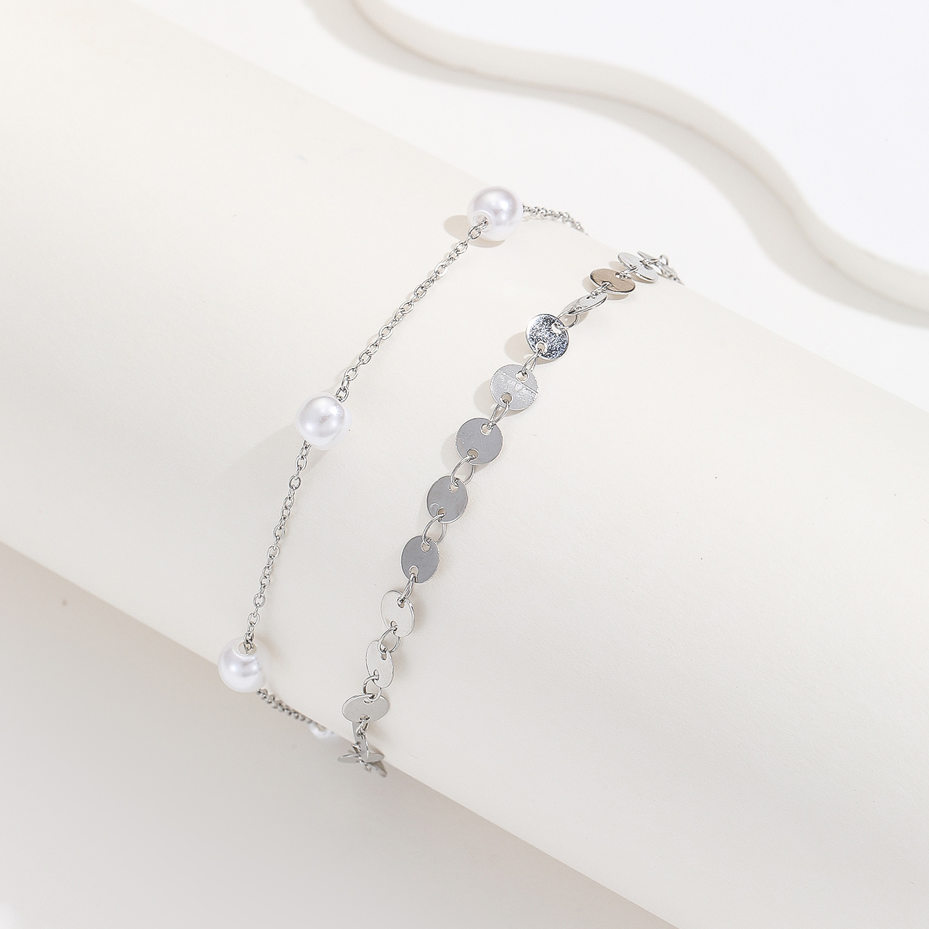 Simple Style Round Stainless Steel Imitation Pearl Layered Women's Anklet display picture 5