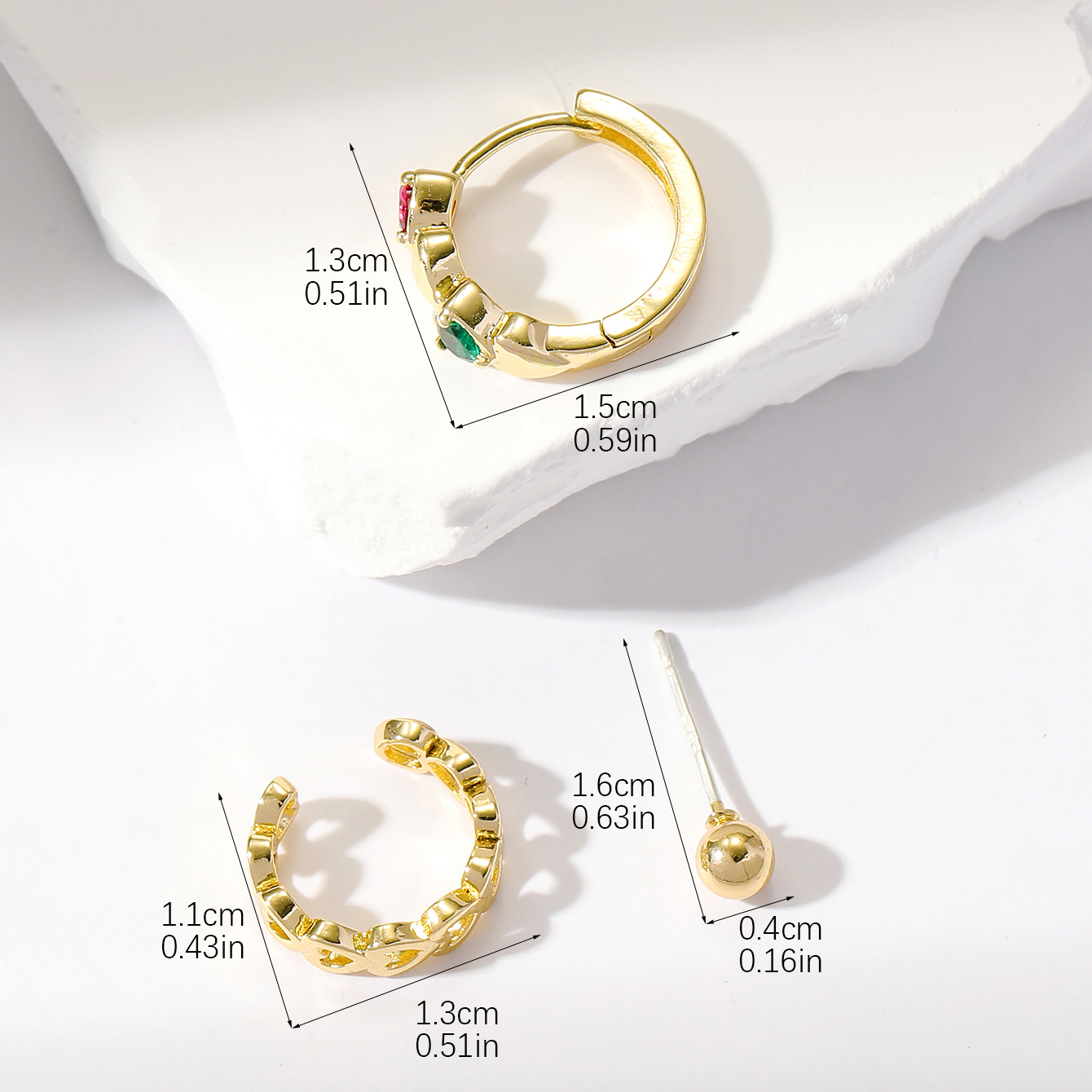 3 Pieces Sweet Streetwear Heart Shape Plating Inlay Copper Zircon Gold Plated Ear Cuffs Ear Studs display picture 3