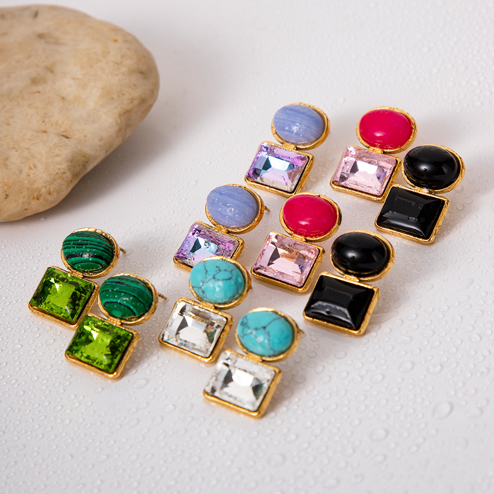 1 Pair Ig Style Square Oval Plating Inlay Stainless Steel Natural Stone 18k Gold Plated Ear Studs display picture 1