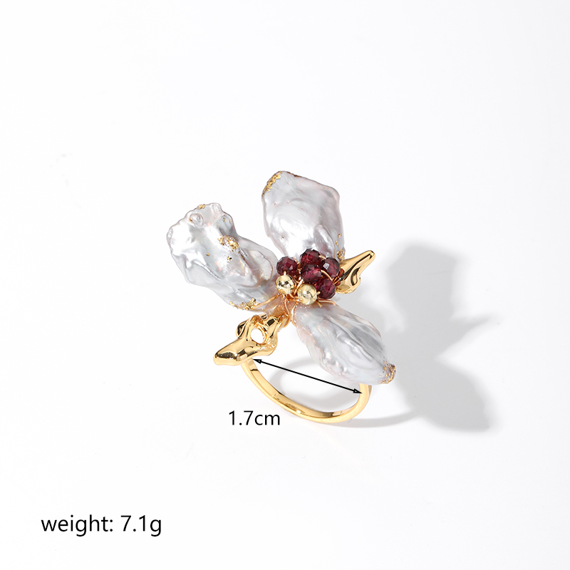 Baroque Style Flower Copper Plating Metal Inlay Artificial Crystal Freshwater Pearl 18k Gold Plated Open Rings display picture 4