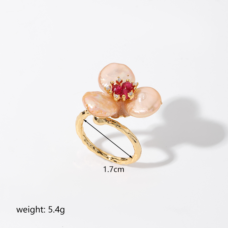 Baroque Style Flower Copper Plating Metal Inlay Artificial Crystal Freshwater Pearl 18k Gold Plated Open Rings display picture 2