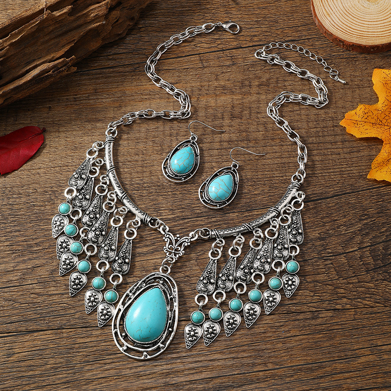 Elegant Ethnic Style Water Droplets Silver Plated Turquoise Alloy Wholesale Earrings Necklace display picture 3