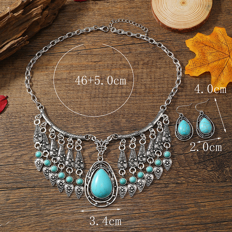 Elegant Ethnic Style Water Droplets Silver Plated Turquoise Alloy Wholesale Earrings Necklace display picture 4