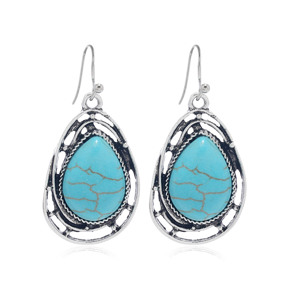 Élégant Style Ethnique Les Gouttelettes D'eau Plaqué Argent Turquoise Alliage De Gros Des Boucles D'oreilles Collier display picture 5