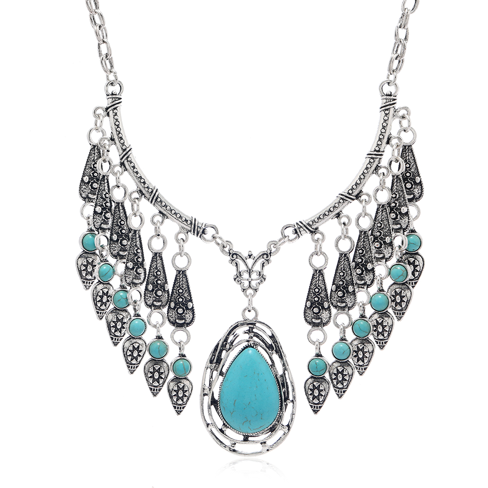 Elegant Ethnic Style Water Droplets Silver Plated Turquoise Alloy Wholesale Earrings Necklace display picture 6