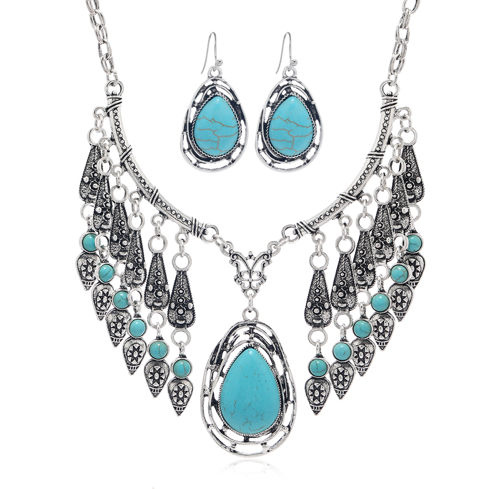 Elegant Ethnic Style Water Droplets Silver Plated Turquoise Alloy Wholesale Earrings Necklace display picture 7