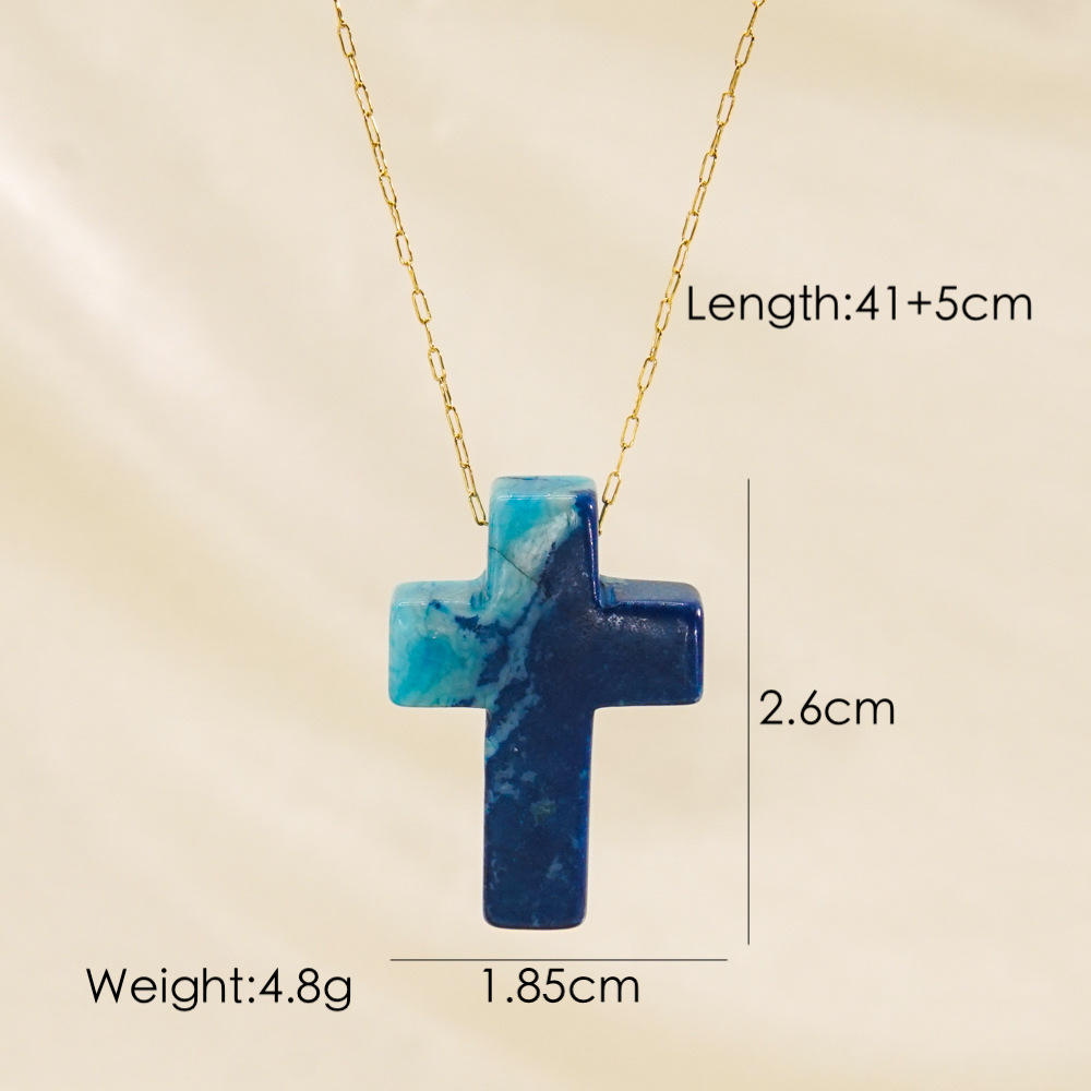 Basic Cross Natural Stone 14K Gold Plated Pendant Necklace In Bulk display picture 6