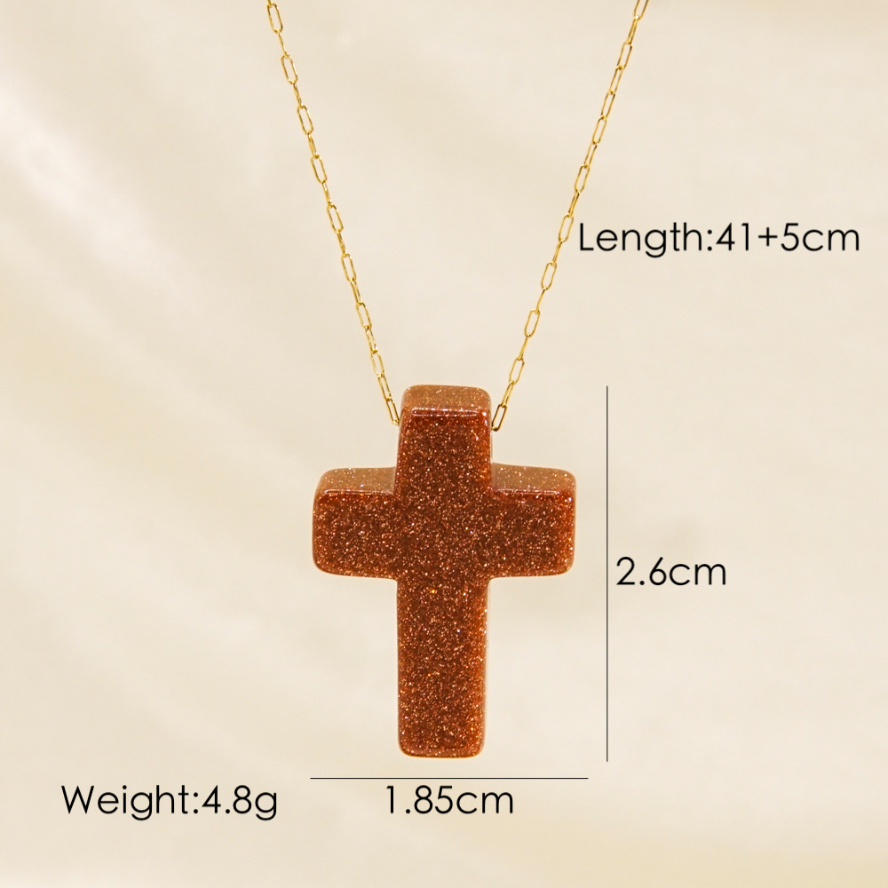 Basic Cross Natural Stone 14K Gold Plated Pendant Necklace In Bulk display picture 10