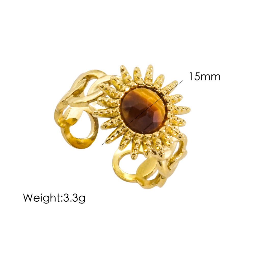 304 Stainless Steel 14K Gold Plated Bohemian Plating Inlay Sun Natural Stone Open Rings display picture 8