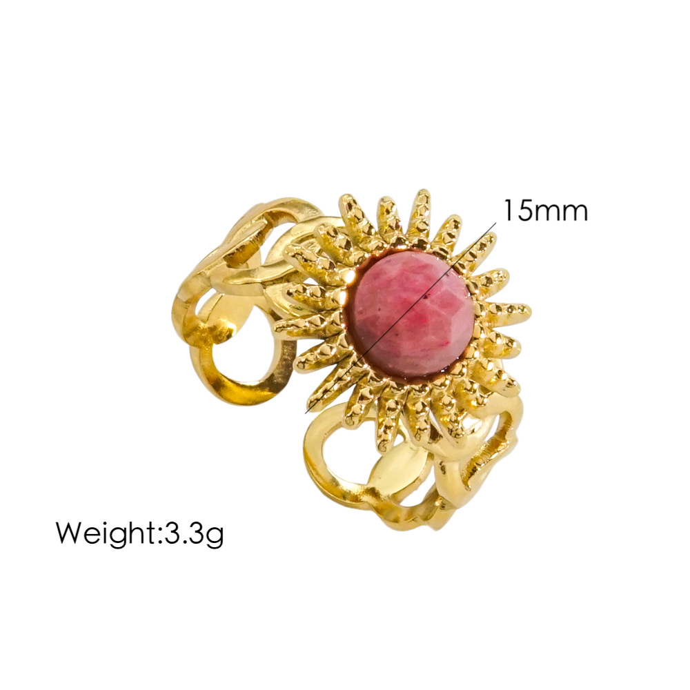 304 Stainless Steel 14K Gold Plated Bohemian Plating Inlay Sun Natural Stone Open Rings display picture 10