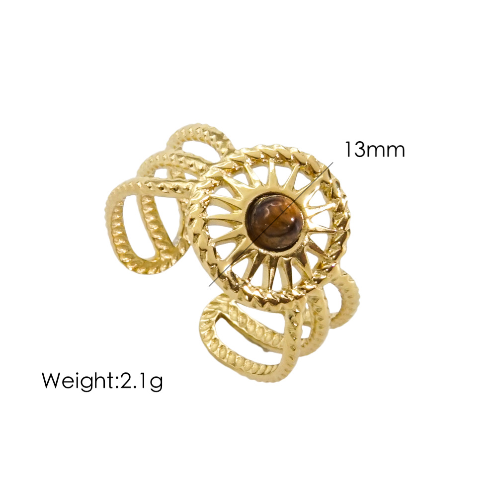 304 Stainless Steel 14K Gold Plated Bohemian Plating Inlay C Shape Natural Stone Open Rings display picture 9