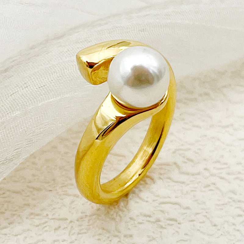 304 Stainless Steel Gold Plated Roman Style Commute Plating Inlay Solid Color Pearl Open Rings display picture 1