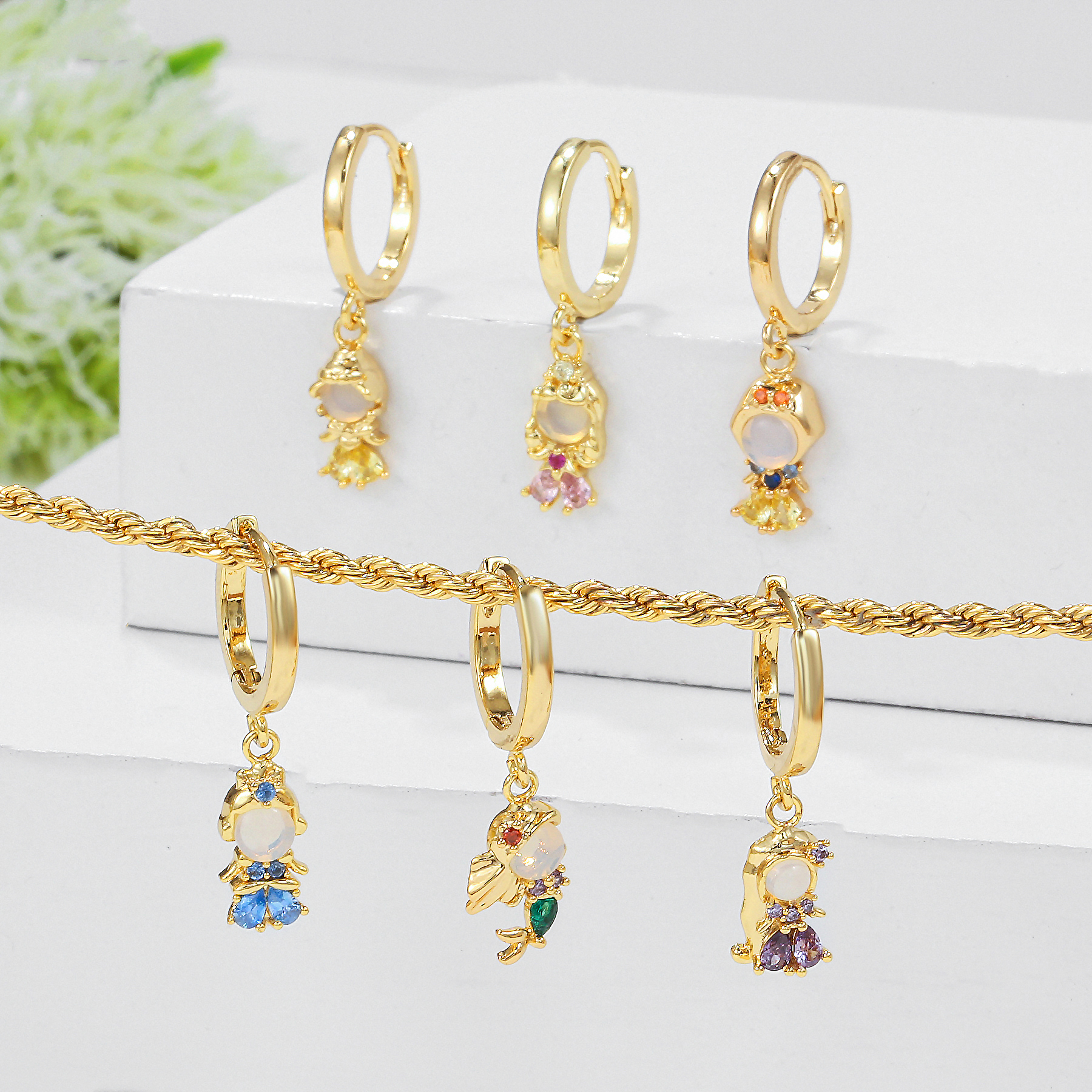 1 Piece Princess Cute Human Mermaid Plating Inlay Brass Zircon 18k Gold Plated Drop Earrings display picture 4