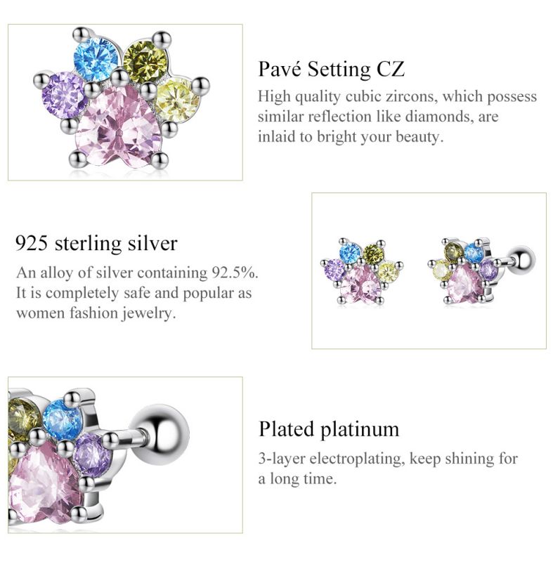 1 Pair Cute Simple Style Paw Print Cat Inlay Sterling Silver Zircon Ear Studs display picture 3