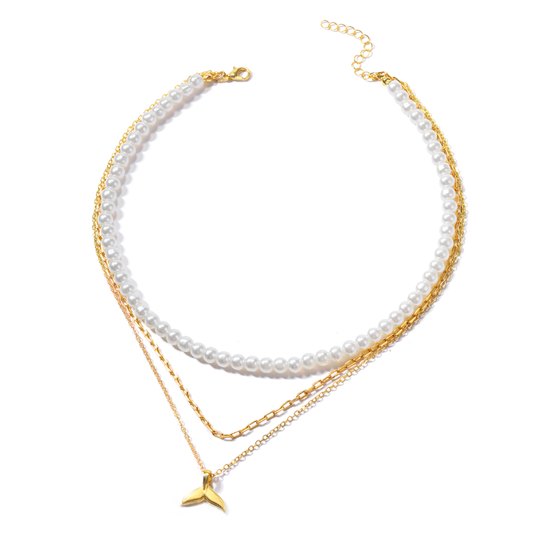 Glam Lady Simple Style Fish Tail Imitation Pearl Alloy Beaded Women's Layered Necklaces display picture 5