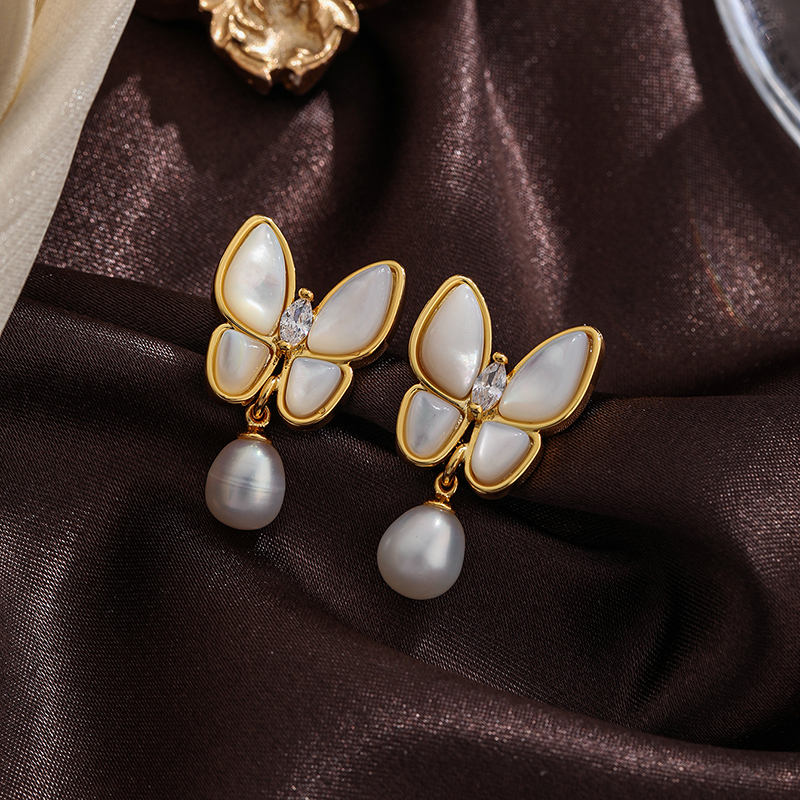 1 Pair Ig Style Butterfly Plating Inlay Metal Copper Freshwater Pearl Shell 18k Gold Plated Silver Plated Drop Earrings display picture 7
