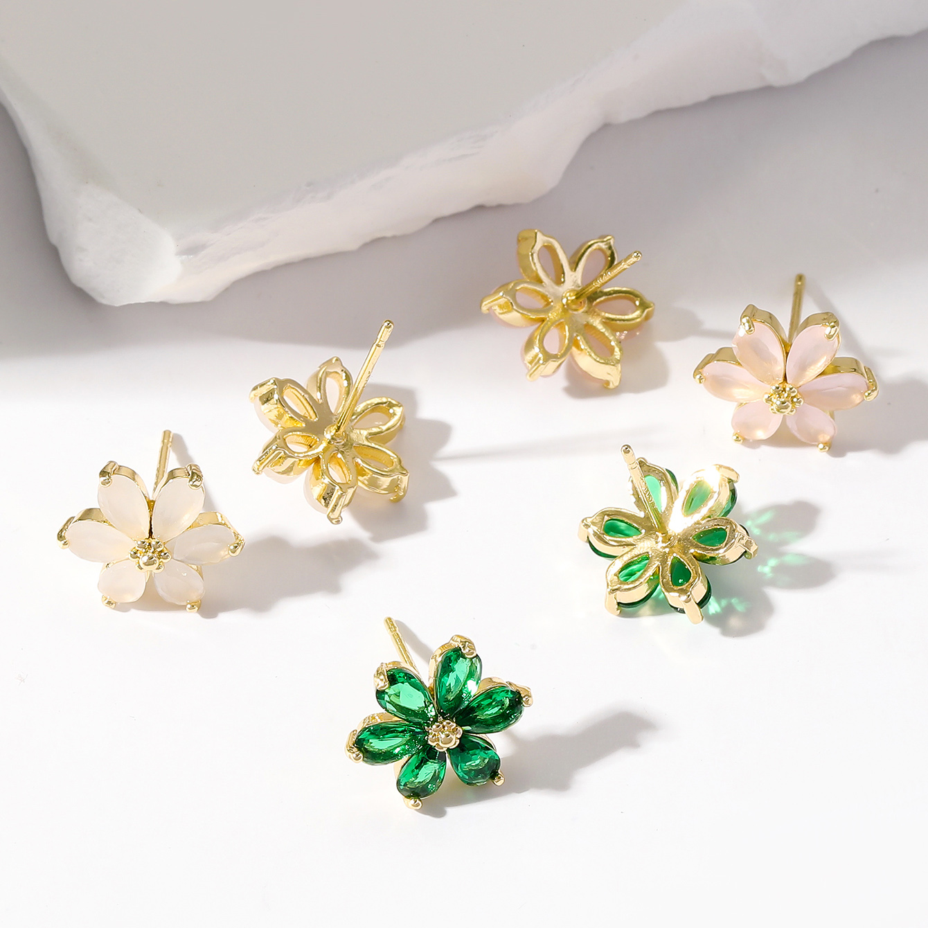 3 Pairs Korean Style Flower Plating Inlay Copper Zircon Gold Plated Ear Studs display picture 2